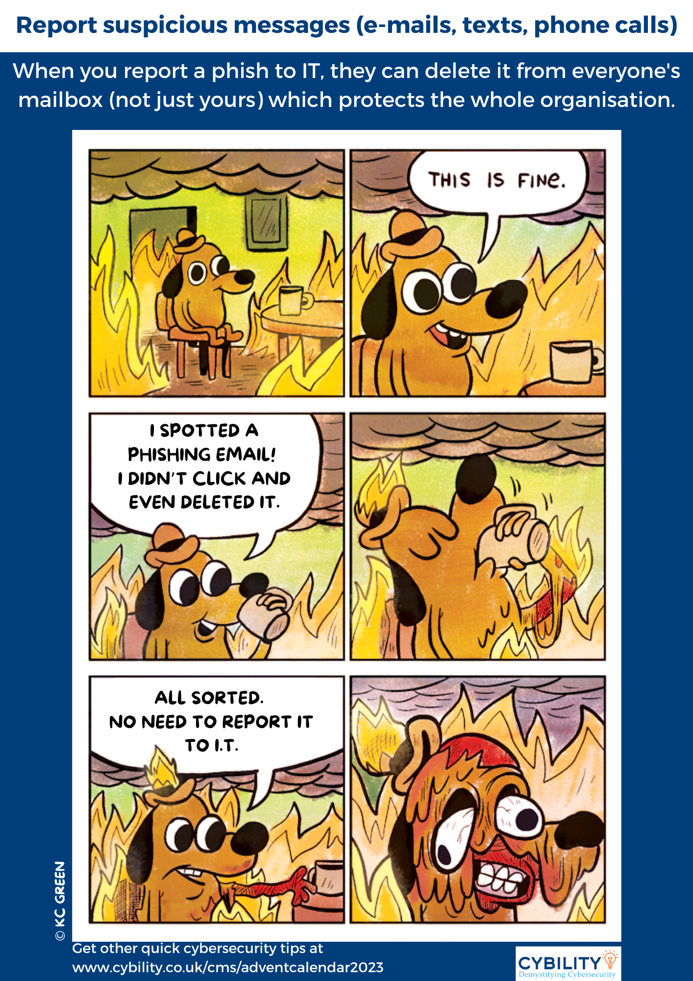 The image is a comic strip style meme that uses humor to stress the importance of reporting phishing attempts to IT departments. It features a dog character calmly sitting in a room on fire, first stating *THIS IS FINE* and then noticing a phishing email. The dog, representing a typical user, prides itself on not clicking the phishing link and deleting the email, thinking the problem is solved. In the last panel, the room is engulfed in flames, and the dog is panicked, realizing the mistake of not reporting the phishing email to IT, which could have prevented further damage. The meme highlights that individual action is not enough; reporting threats helps protect the entire organisation.