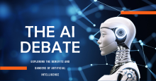 Image of white robot with the text 'The AI Debate' in capital letters on a dark blue background with light blue network connection points